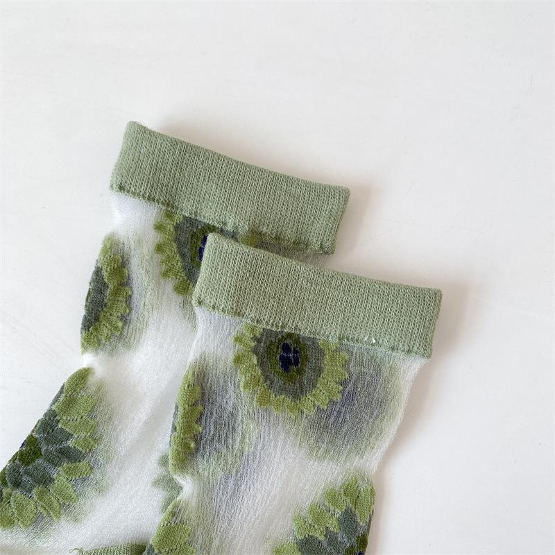 Crystal Silk Socks Women Summer Ultra-thin Transparent Nylon Long Socks Floral Embroidery Japanese Kawaii Cute Mesh Lace Socks