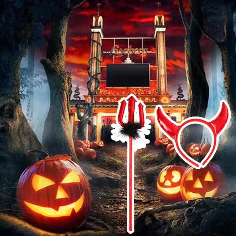 Halloween Devil Costume Kits Including Horn Headband Bowtie Tail Demons Dress Up Outfit Halloween Cosplays Party Props
