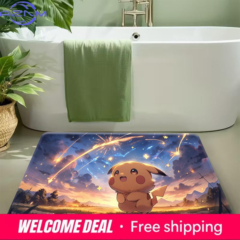 Cute Pikachu Starry Sky Fireworks Scenery Print Soft Absorbent Non-Slip Indoor Home Bathroom Entryway Doormat Rug