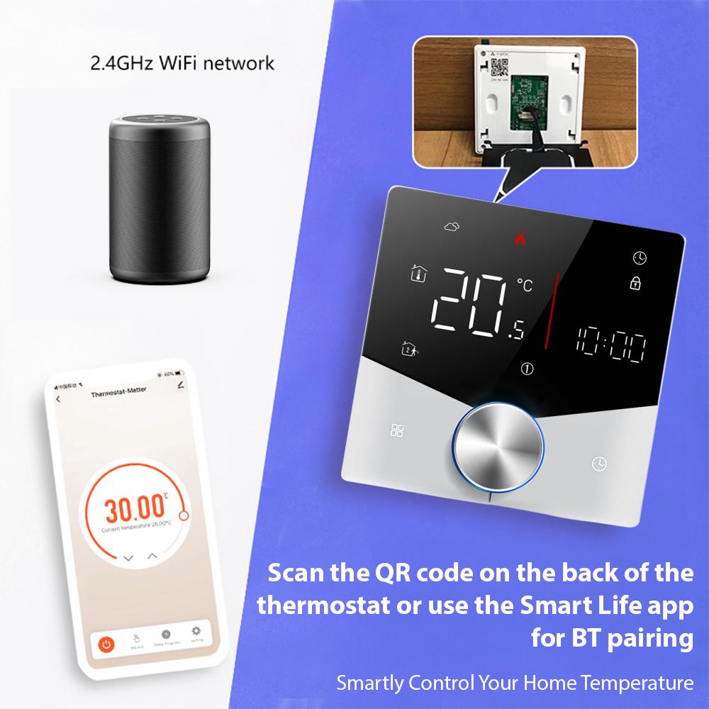 Wireless Matter Thermostat for House Water Heating with APP and Voice Assistant Control Colorful LED Digital Touch Screen
