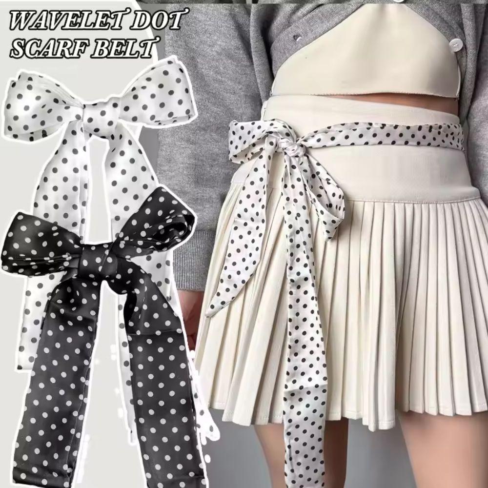 French Style High-End Black Polka Dot Scarf Women's Simple Black White Dot Long Scarf Fashion Ribbon Headband Choker Waist Belt