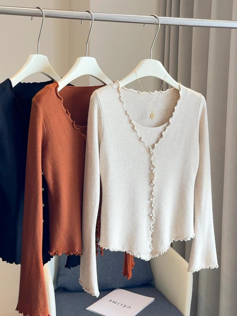 Ruffle Trim V-Neck Knit Camisole with Long Sleeve Cardigan - Women's Spring/Autumn Slim Fit Top