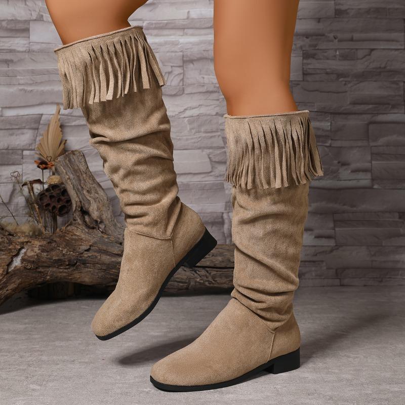 Fashion Cow Suede Square Heel Boots Autumn New Round Toe Sleeve Tassel Soft Sole Anti-slip Wear-resistant Mid-tube Boots