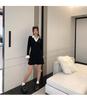 Women's Japanese Style Long Sleeve Polo Dress with Waist-Cinching & Slit A-Line Skirt - Contrasting Colors, Faux Two-Piece, Spring Arrival