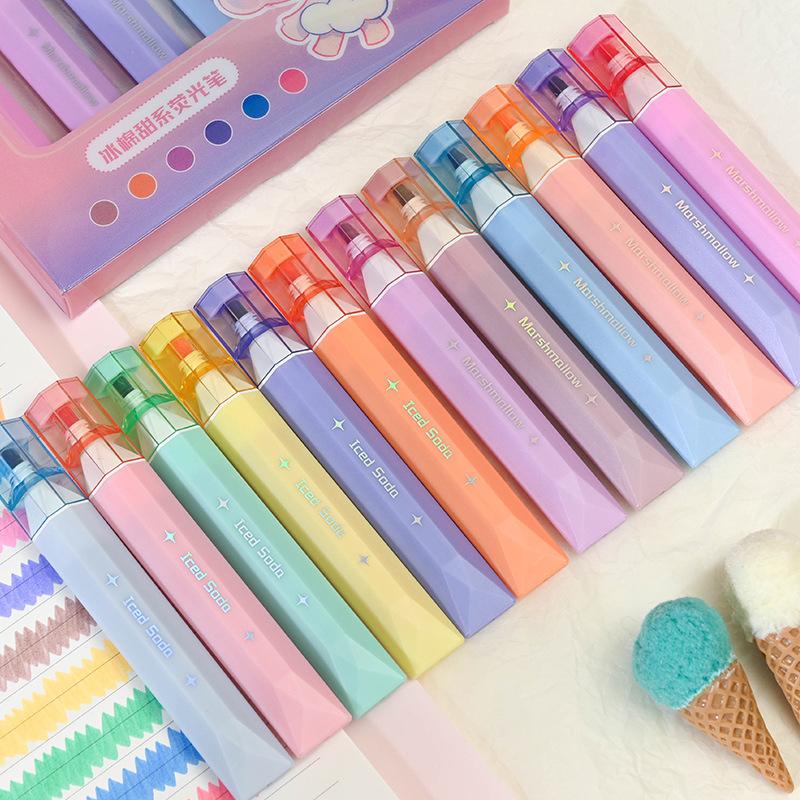 6pcs Sweet Highlighter Pens Set, Marshmallow & Iced Soda Fluorescent Marker Liner for Painting Highlighting