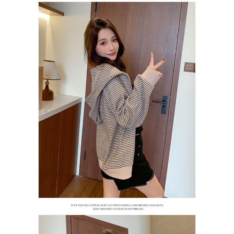 Women S Striped Zip Up Loose Fit Hooded Sweatshirt