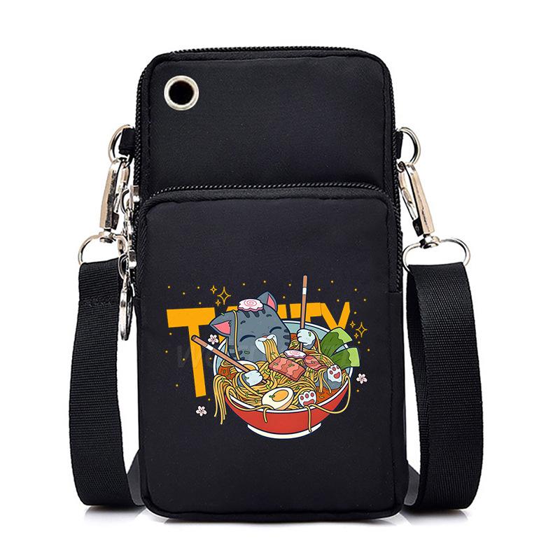 Eating Noodles Kitten Printed Messenger Bag Vertical Change Bag Multi-Function Mobile Phone Bag