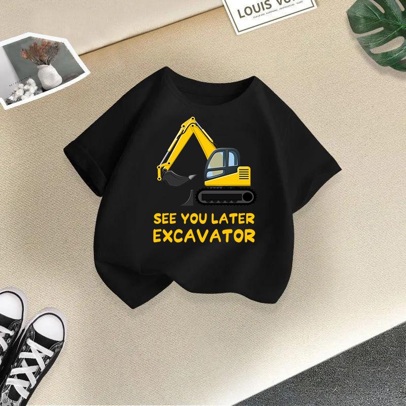 2025 Children Cute Excavator T-Shirt Combination Cartoons Bulldozer Tee Shirts Kawaii Kid Casual Clothes Girl Boy Harajuku Tops