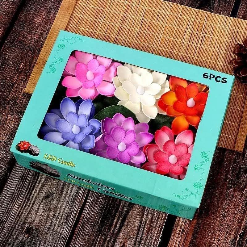 Multicolored, Smokeless and Flameless Tea Lights for Diwali - VERVENIX Set of 6 Floating Lotus LED Candles with Water Sensor