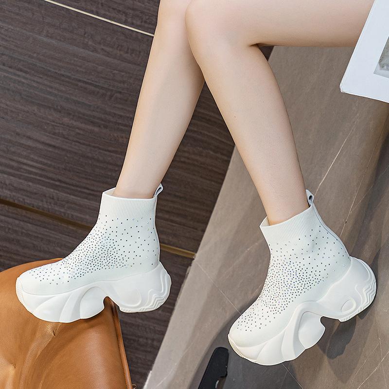 Moda Nuevo 8CM Botines de Punto Elástico Calcetín de Tela Plataforma Cuña Tobillo Slip on Primavera Otoño Moda Mujer Zapatos Bling de Pedrería