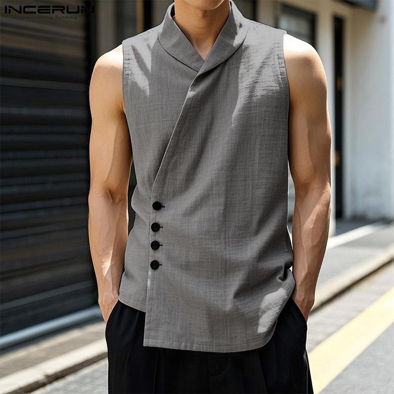 INCERUN Summer Men V Neck Sleeveless Buttons Side Casual Cargo Tank Tops