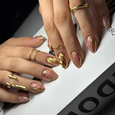 24Pcs Glossy Gold Almond Press On Nails Short False Nails With Micro Carved Ripple Design Full Cover For Women Girls