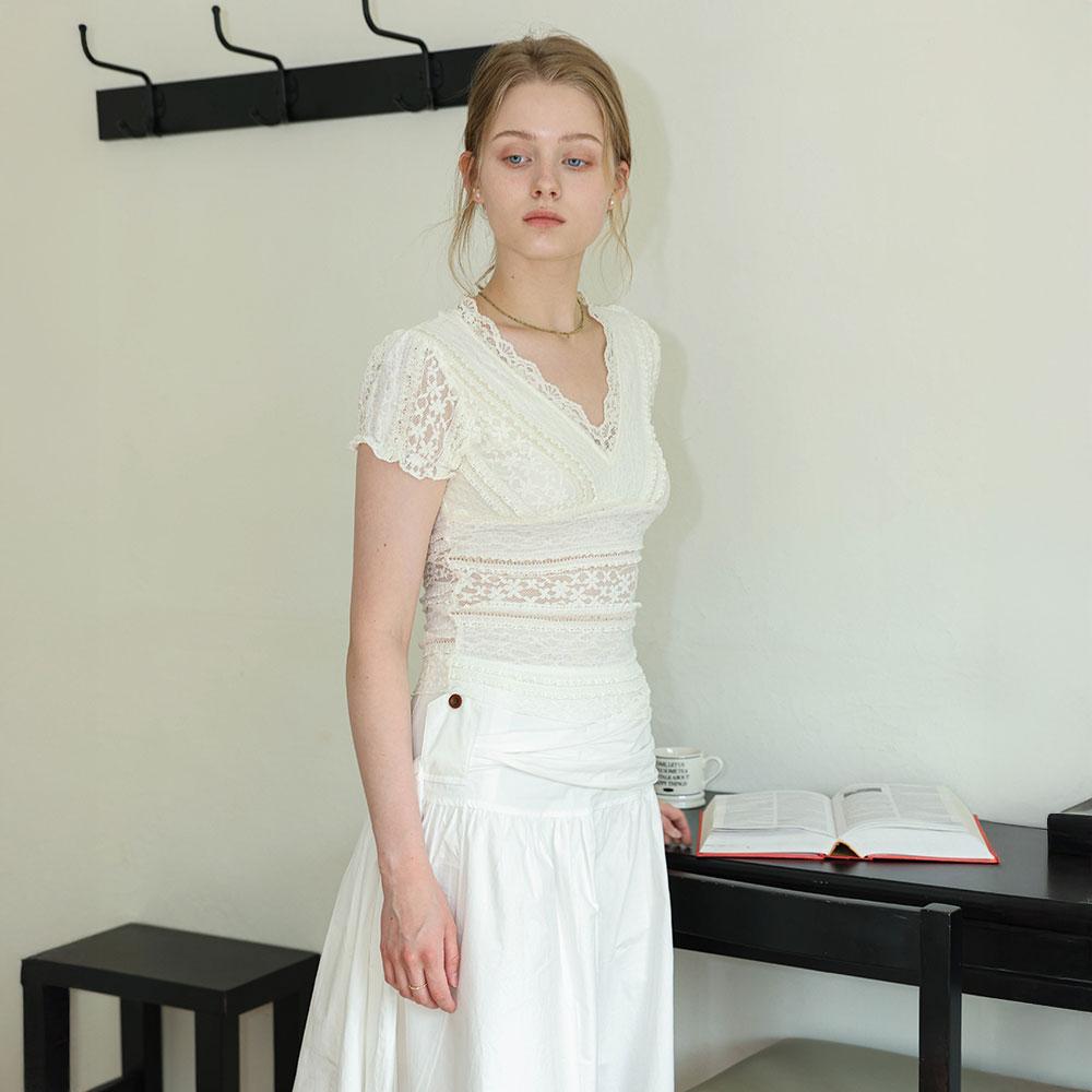 Deondeulob Dd_Lace Patchwork Short Sleeve Top_Ivory