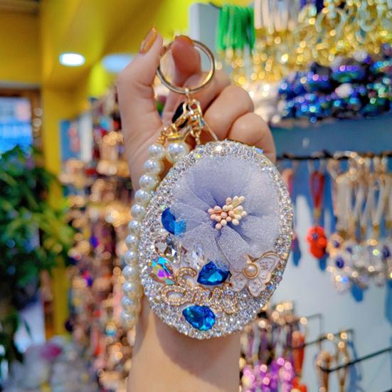 Bling Rhinestone Round Pocket Mirror with Metal Keychain Folding Double-Sided Makeup Mirror Bead String Charm for Purse Handbag Wallet Travel