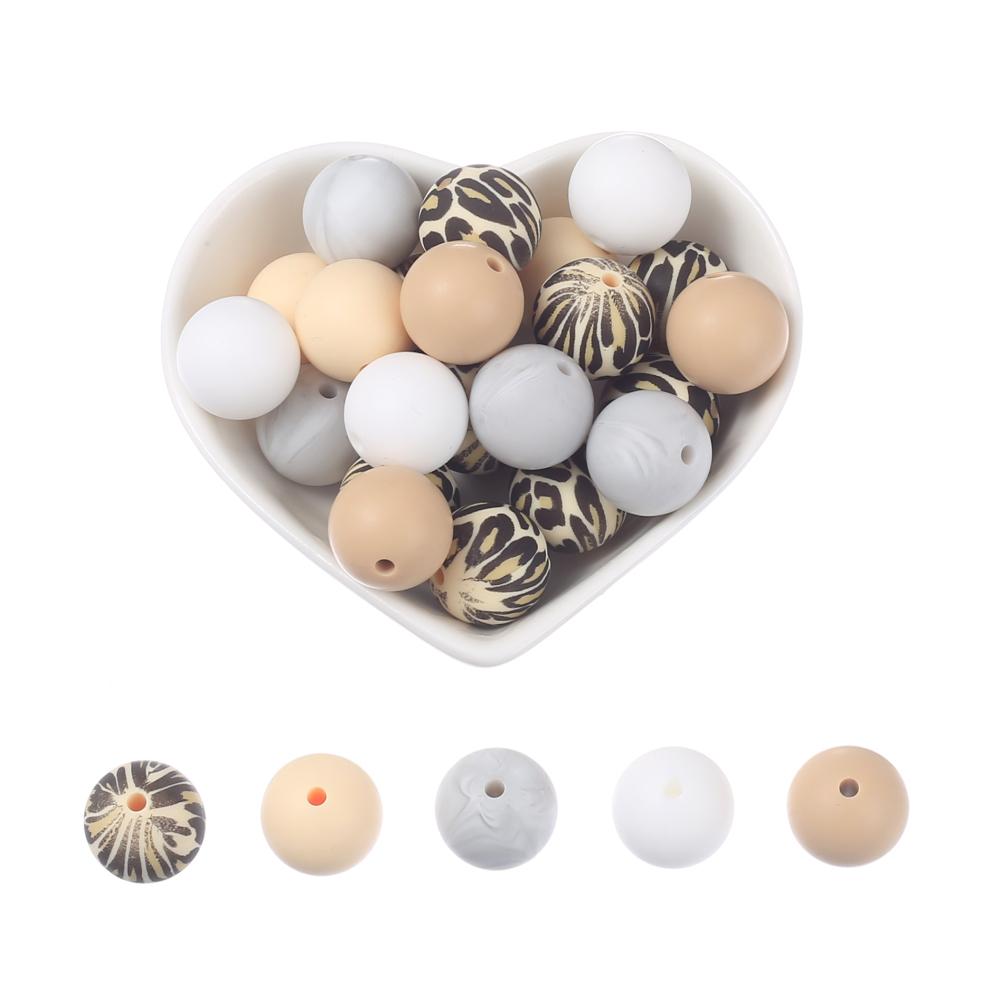 15mm 30Pcs Silicone Beads Round Print Food Grade Teething Beads for Baby Toy Soft Chew Teething DIY Pacifier Clips Necklace