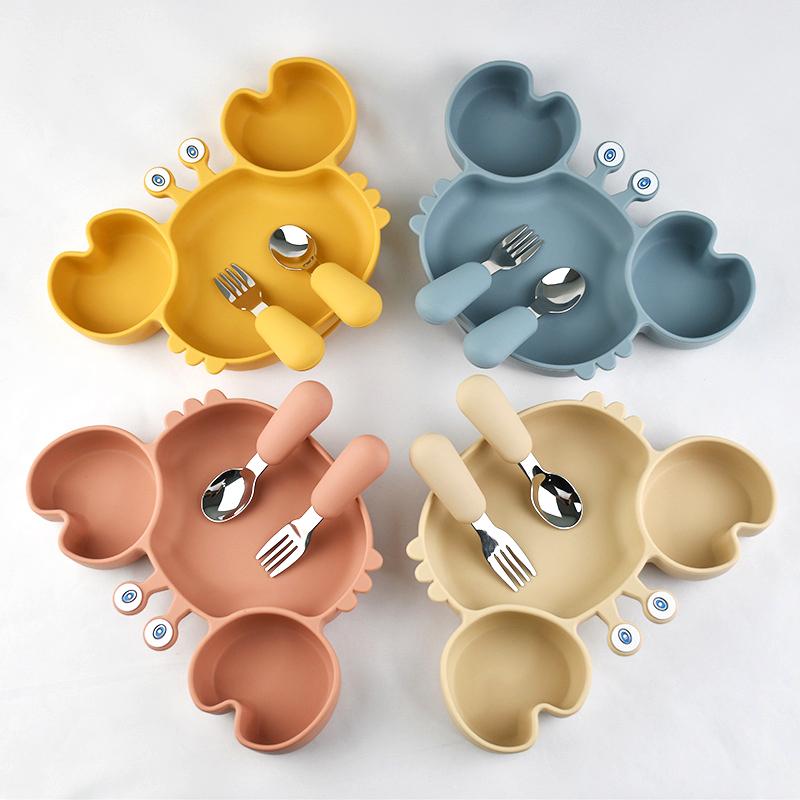3Pcs/Set Baby Safe Silicone Dining Plate Food Feeding With Spoon Fork Cartoon Children Dishes Prevent Tipping Over And BPA Free