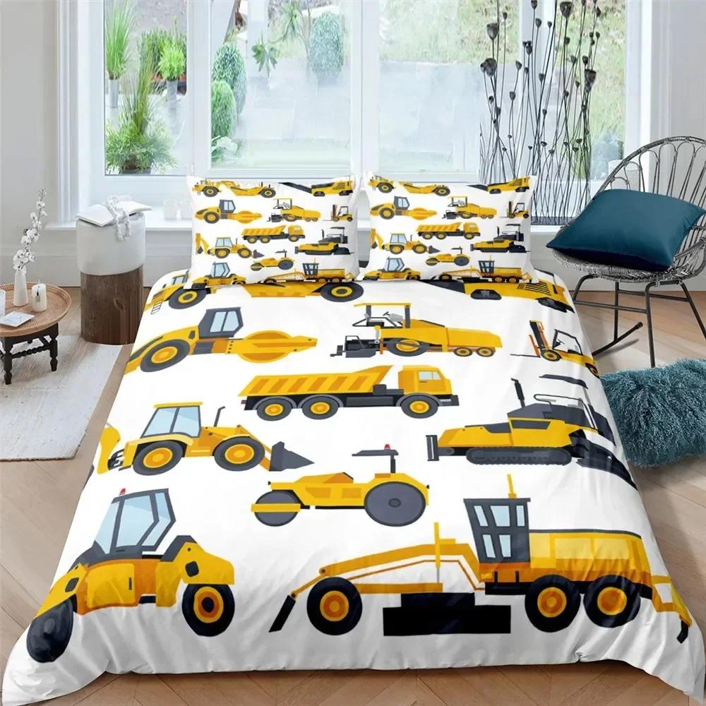 Excavator Tractor Cartoon Machinery Bulldozer Trucks Comfortable Duvet Quilt Cover Pillowcase Bedding Set Children Home Textile
