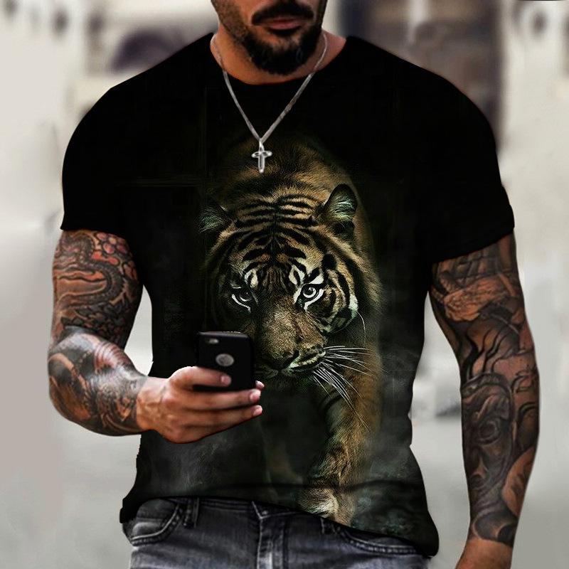 Summer Round Neck 3D Tiger Print Top Fashionable Casual Short Sleeved Men's T-shirts