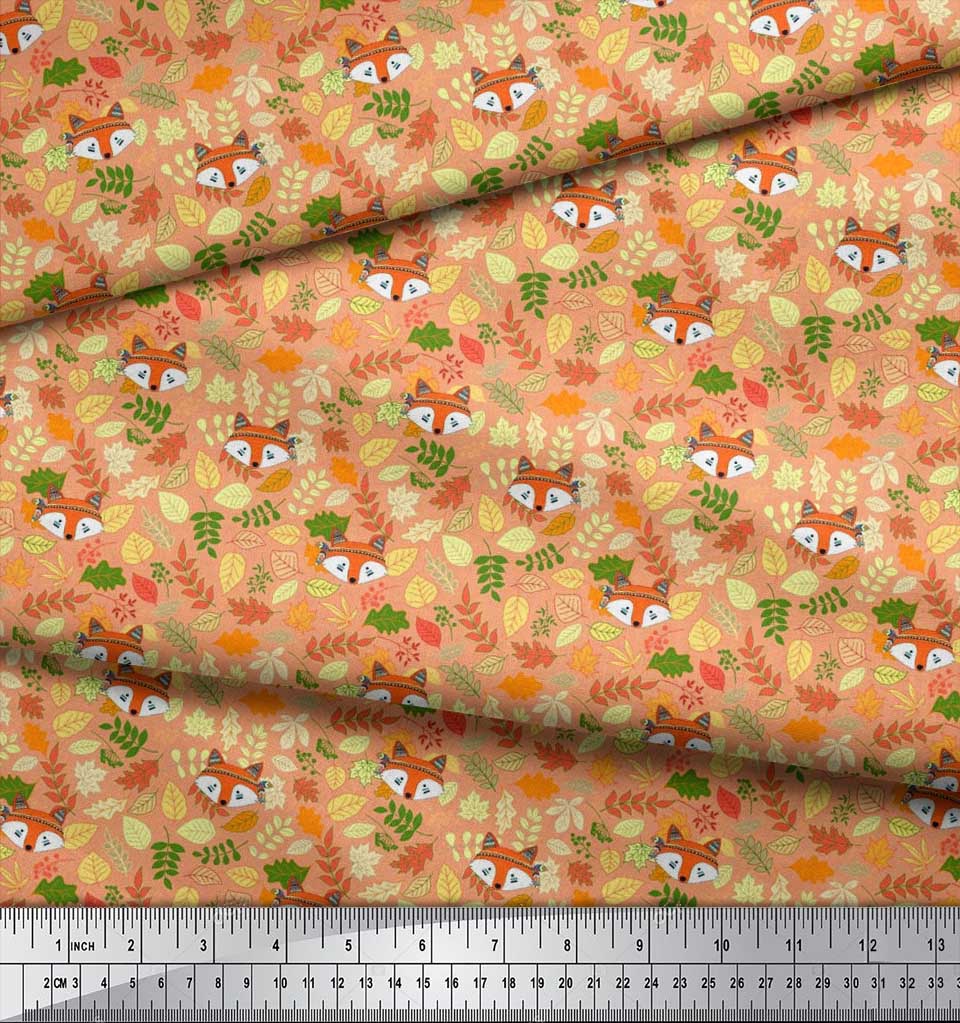 Soimoi Japan Crepe Satin Fabric Leaves & Fox Face Cartoon Printed Craft Fabric by the Metre 42 Inch