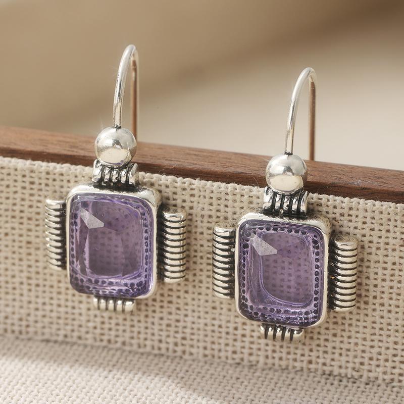 

Dazzling Silver Color Purple CZ Dangle Earrings Woman Geometry Square Party Daily Wear