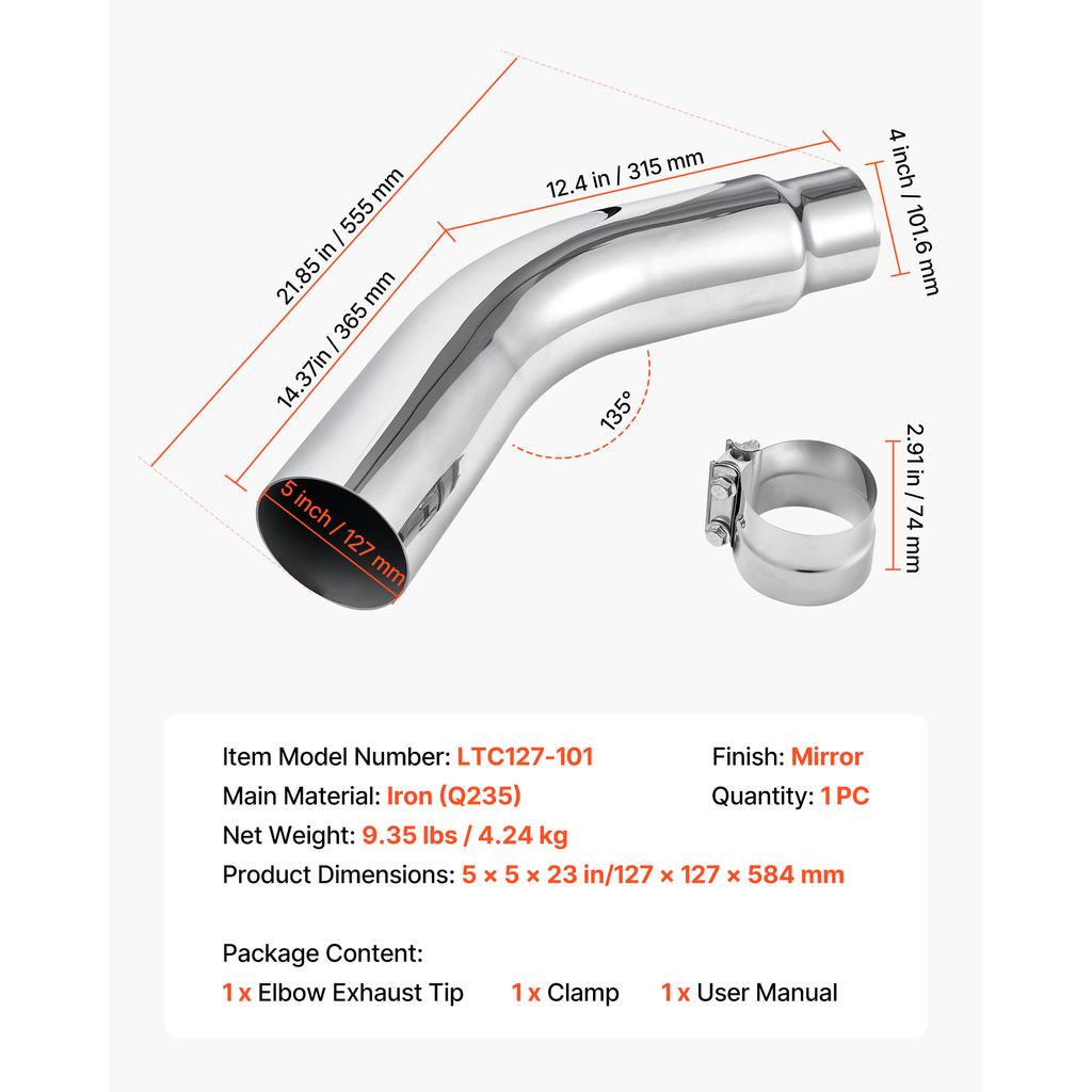 SucceBuy Elbow Exhaust Tip Chrome Turn Down Exhaust Tip w/ Clamp for Truck Car Chrome Structure for High Temperature Resistance