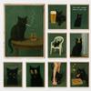 Moody Black Cat Green Background Poster Smoking Cats with Whiskey Canvas Painting Dark Humor Wall Art for Living Room Home Decor