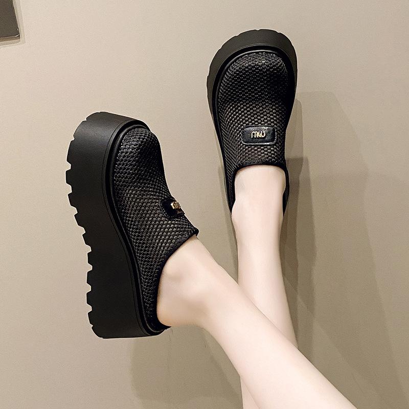 Single Shoes Women's 2025 New Summer Thick-soled Heightening Shoes Women's Small People Pedal Mesh Hollow Muffin Shoes