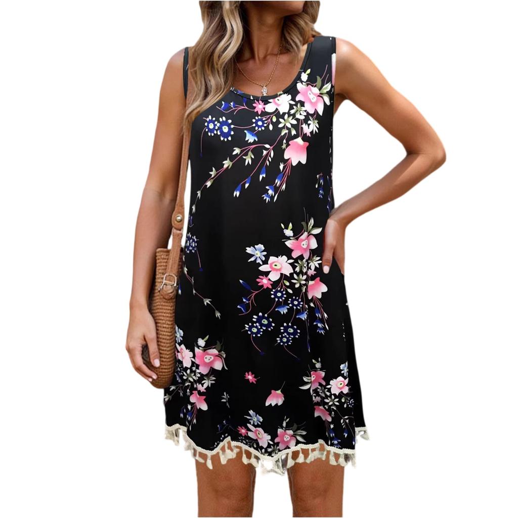 Damen Casual Ärmelloses Bedrucktes Kleid Mit Quasten