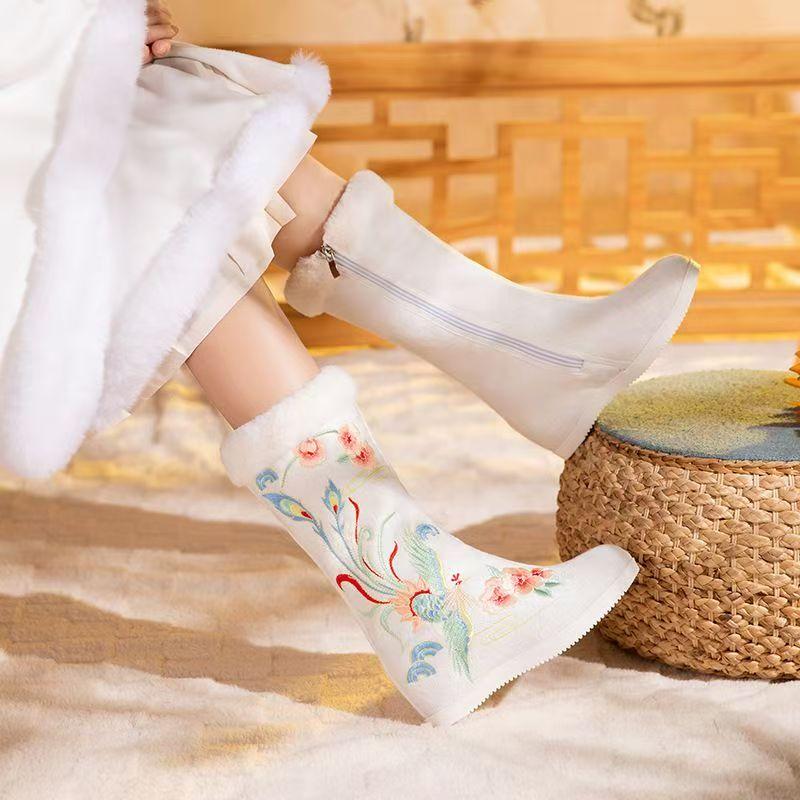 Women Winter New High Top Embroidered Cotton Boots Ethnic Style Round Toe Increased Internal Plush Keep Warm Red Wedding Boots