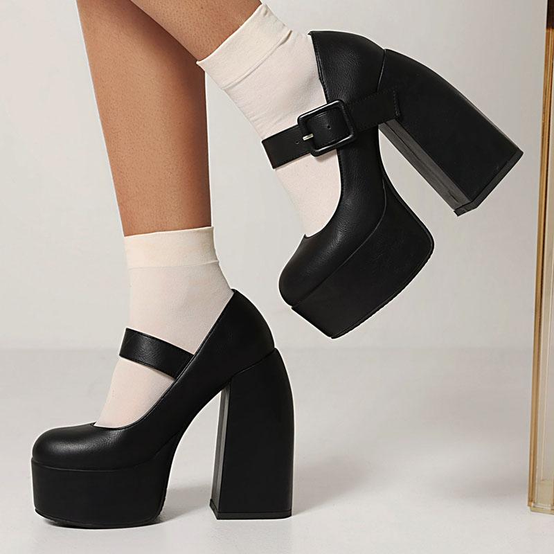 Black White Mary Janes Super Thick High Heels Platforms Pumps For Women Casual Spring Summer Shallow Party Chunky Shoes Ladies