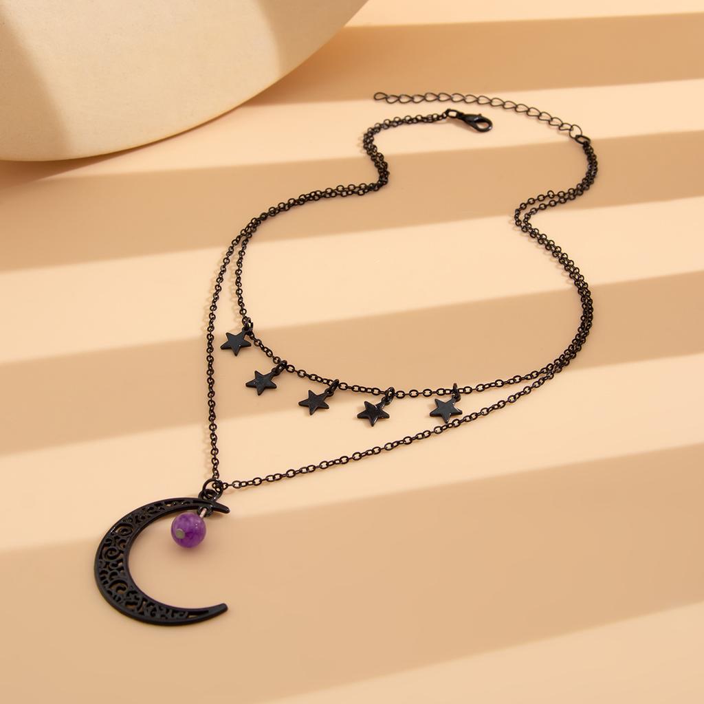 Dark Wind Hollow Moon Star Pendant Necklace, Personalized Geometric Metal Chain Clavicle Necklace