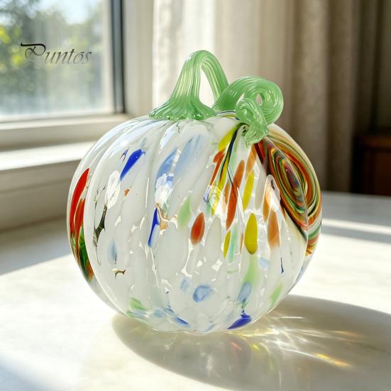 Cute Autumn Centerpiece Mini Hand Blown Glass Pumpkin Ornament, Collectible Thanksgiving Halloween Decoration Faux Crystal Hanging for Fall,