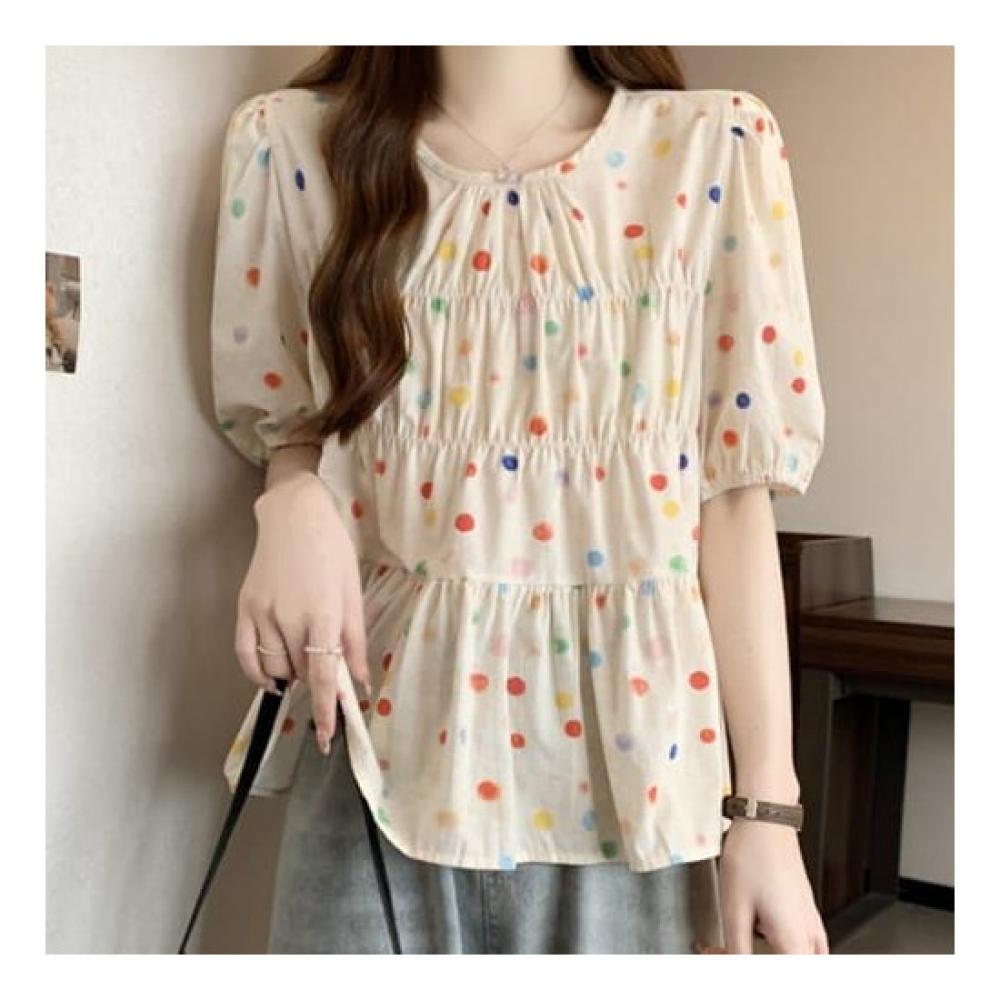 Navava Women Lovely Dot Shirring Short Sleeve Blouse Nb2160