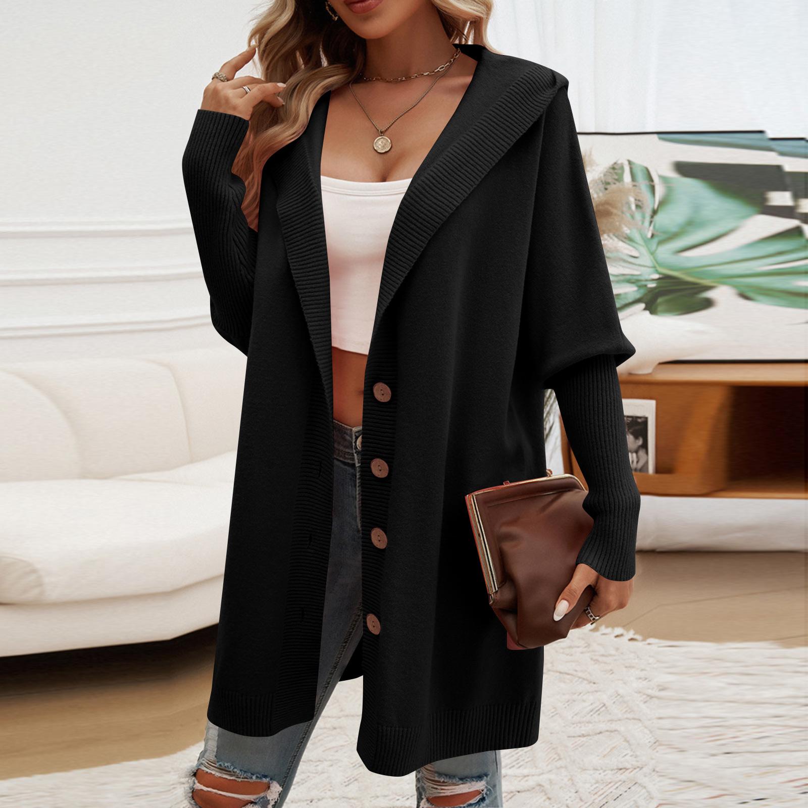 

Women s Casual Loose Cardigan Breasted Hooded Sweater Jacket M чорний