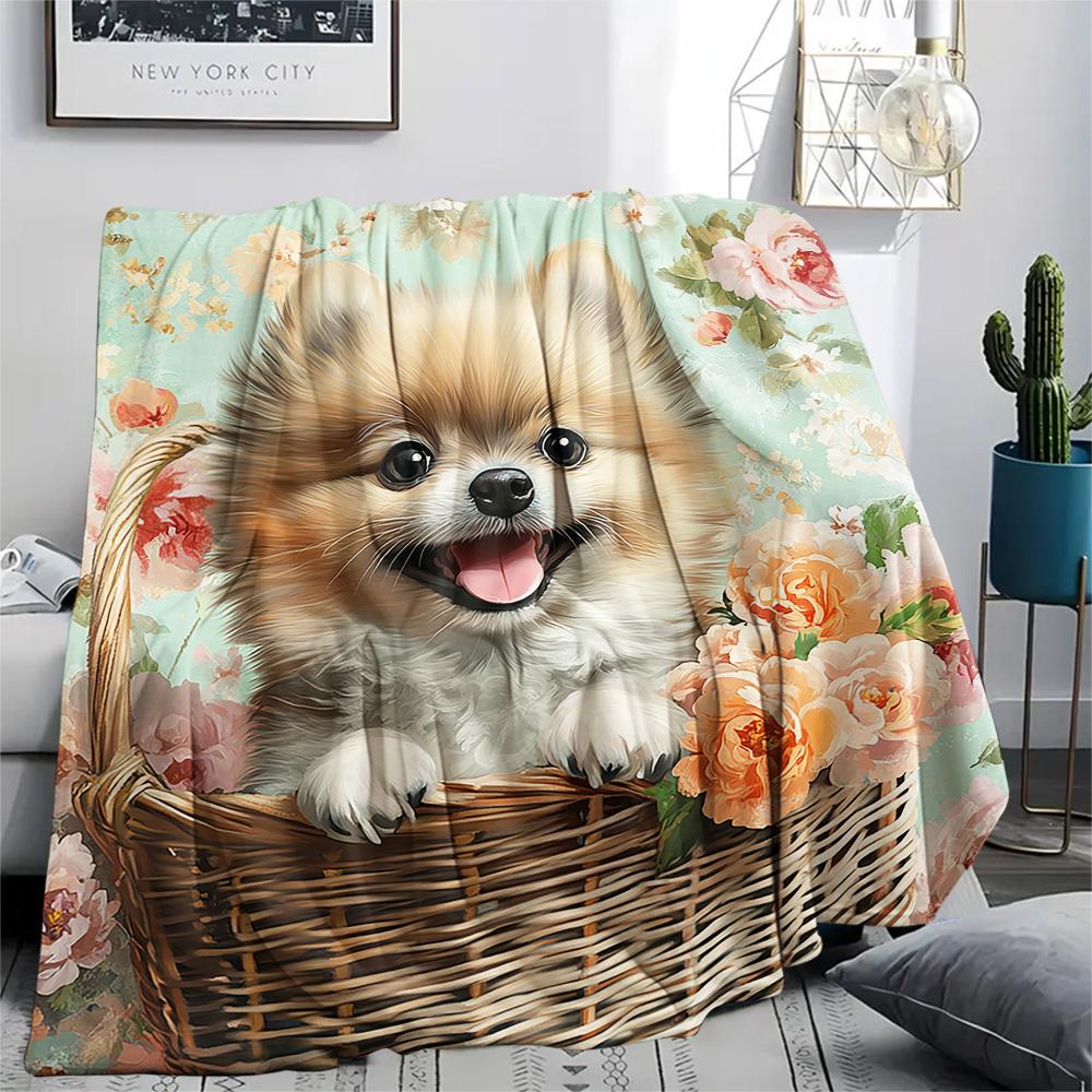 Pomeranian Print Flannel Blanket, High quality Comfortable for All Seasons, Home Decor, Warmth and Comfort, Perfect for Christmas Gifts