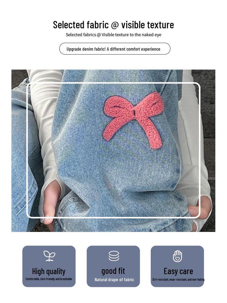 Girls' Chenille Bow Embroidered Fleece-lined Wide-leg Jeans - Stylish Autumn/Winter Slimming Pants