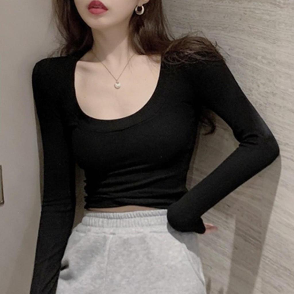 Women's Slim Fit Ribbed U-Neck Long-Sleeve Tee - New Autumn/Winter Korean Style