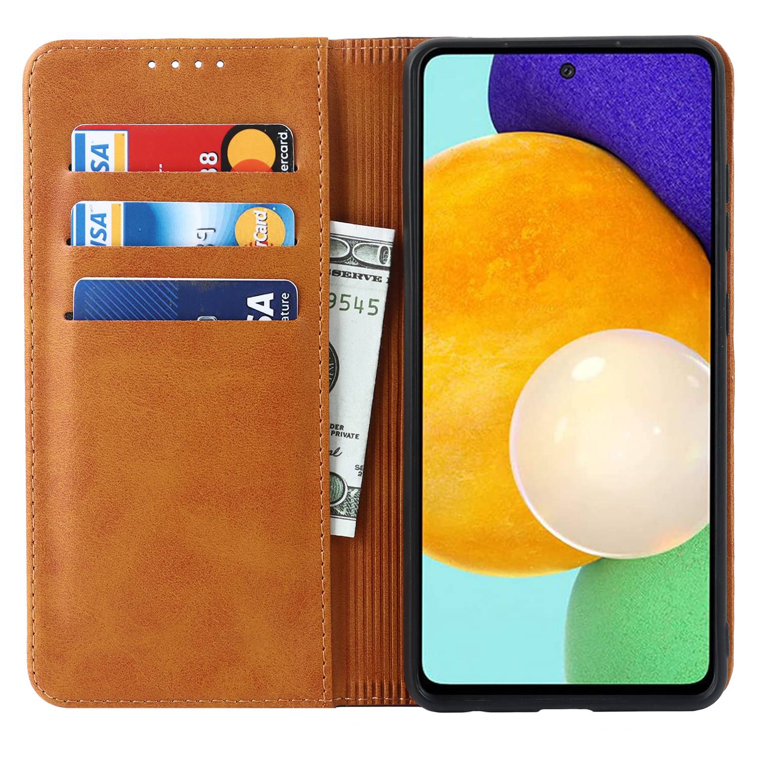 

For Samsung Galaxy A52s 5G/A52 4G/5G Shockproof Flip Cover Bi-color Splicing Magnetic Auto-absorbed PU Leather Phone Case with Wallet Stand Yellow/Brown