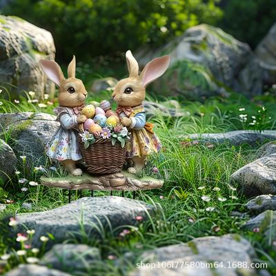 2D Easter Bunny Garden Stand Flat Printing, Acrylic Bunny Statue with Basket, Outdoor Lawn and Garden Decoration, Easter Theme