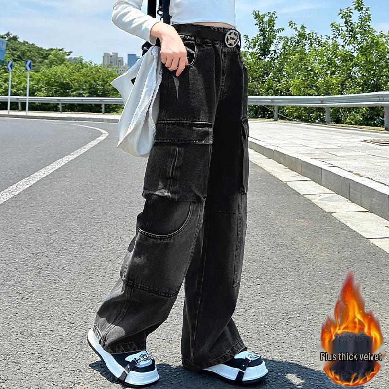 Dívčí zimní 2025 cargo džíny s fleecovou podšívkou