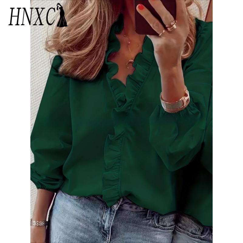 

HNXC Женская мода Повседневные однотонные блузки и рубашки с принтом, с длинным рукавом и V-образным вырезом XXXXXL темно-зеленого