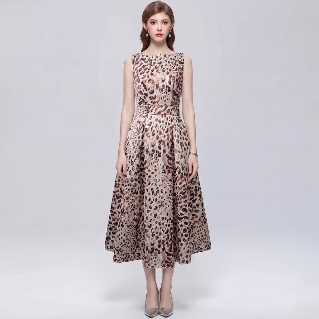 Elegant Sleeveless Leopard Print Summer Dress Women's Round Neck Three-Dimensional Cutting Drapped Slim Party Dresses Robes