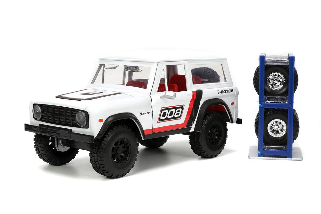 Just Trucks 1973 Ford Bronco Diecast Truck Tire Rack Toys for Kids and Adults 124 & (White/Red)