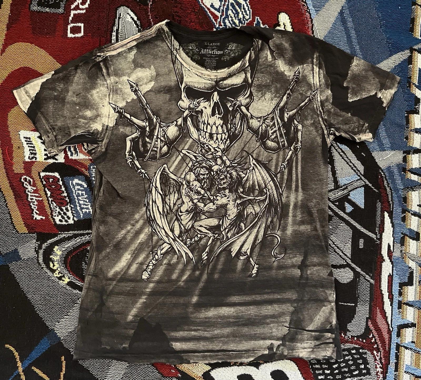 Affliction Puppet Master Shirt Angels vs Demons Gray Men’s XL Rare Y2K S