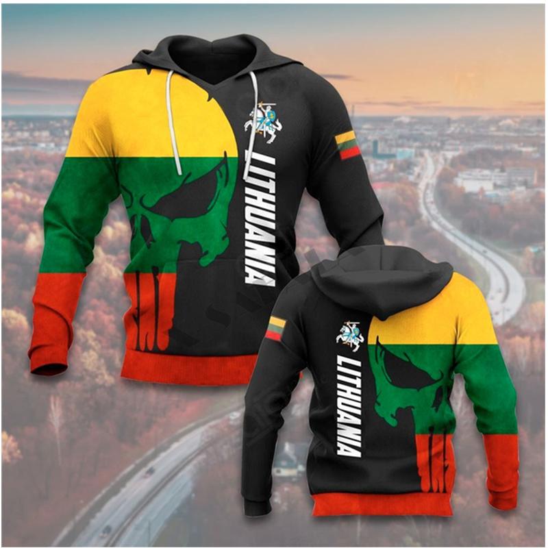 Lithuanian National Flag Emblem Camouflage Skull Warrior 3D Printing Men Fashionable Sports Outdoor Leisure Cool Hip-hop Hoodies