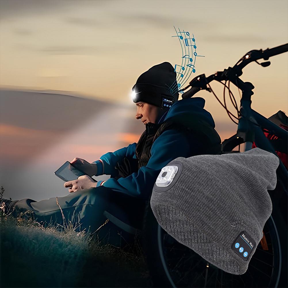 Bluetooth-Compatible 5.2 Beanie Hat with Light USB Rechargeable LED Headlamp with Wireless Headphones Music Player LED Light Cap