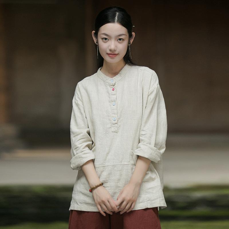 

Johnature Женские рубашки в китайском стиле, однотонные топы с длинным рукавом, осенние свободные женские рубашки из хлопка рами бежевый