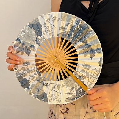 Portable Hand Cranked Bamboo Fan, Chinese Style, Hanfu Chinese Style, Ink Wash Silk Folding Fan, Ancient Style Fan, Commemorative Gift, Birthday Gift