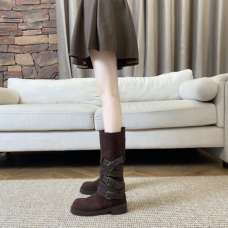 Spot new retro suede belt buckle knight boots women's thick-soled western cowboy boots tall wasteland wind boots women