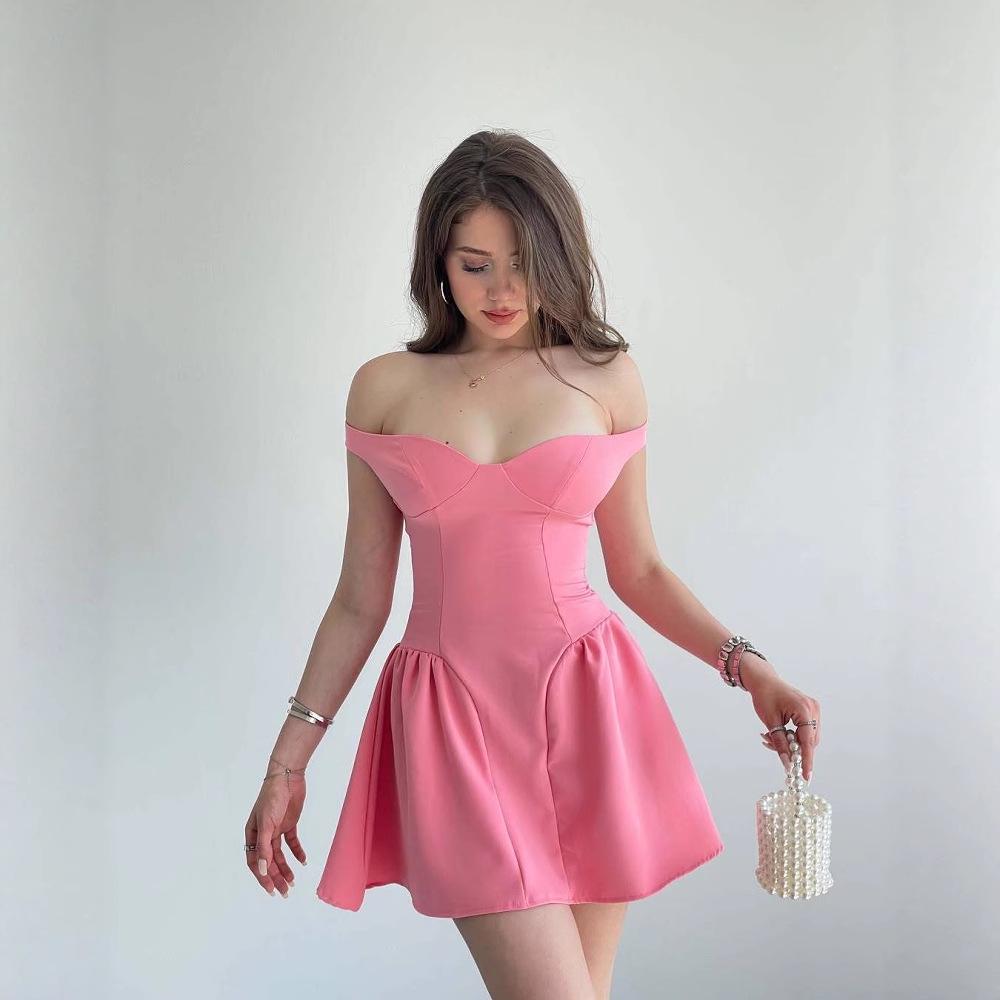 2025 Summer European & American Women's One-Shoulder Sexy Waist-Cinching Solid Color Dress